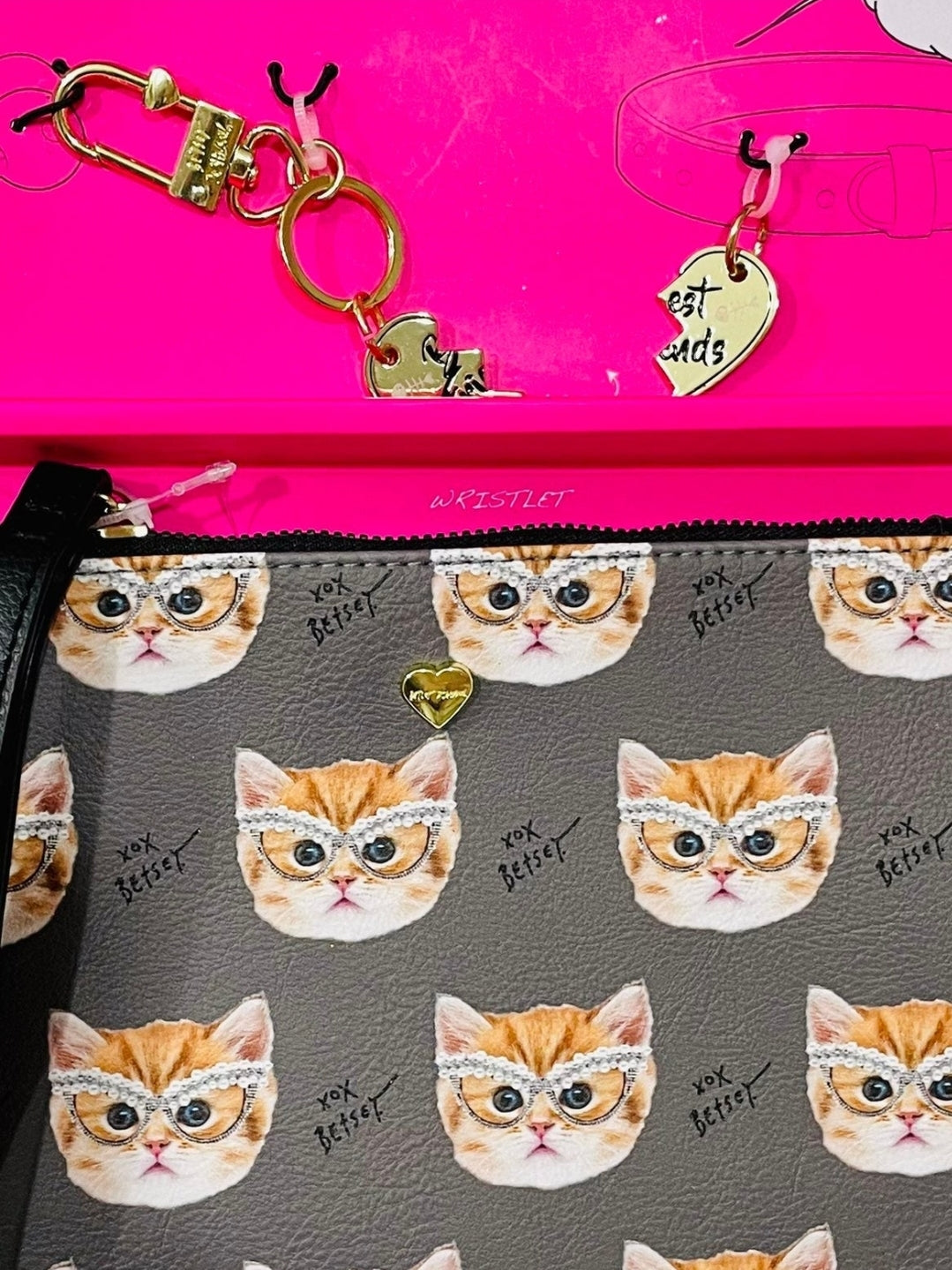 Betsey Johnson Wristlet Bag Cat Gray Collar Charm Keychain Matching Pet Set NWT