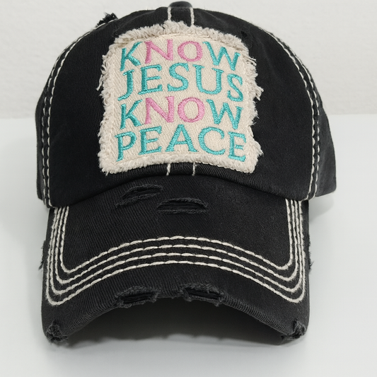 Know Jesus Know Peace Distressed Denim Cap