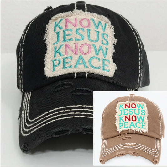 Know Jesus Know Peace Distressed Denim Cap