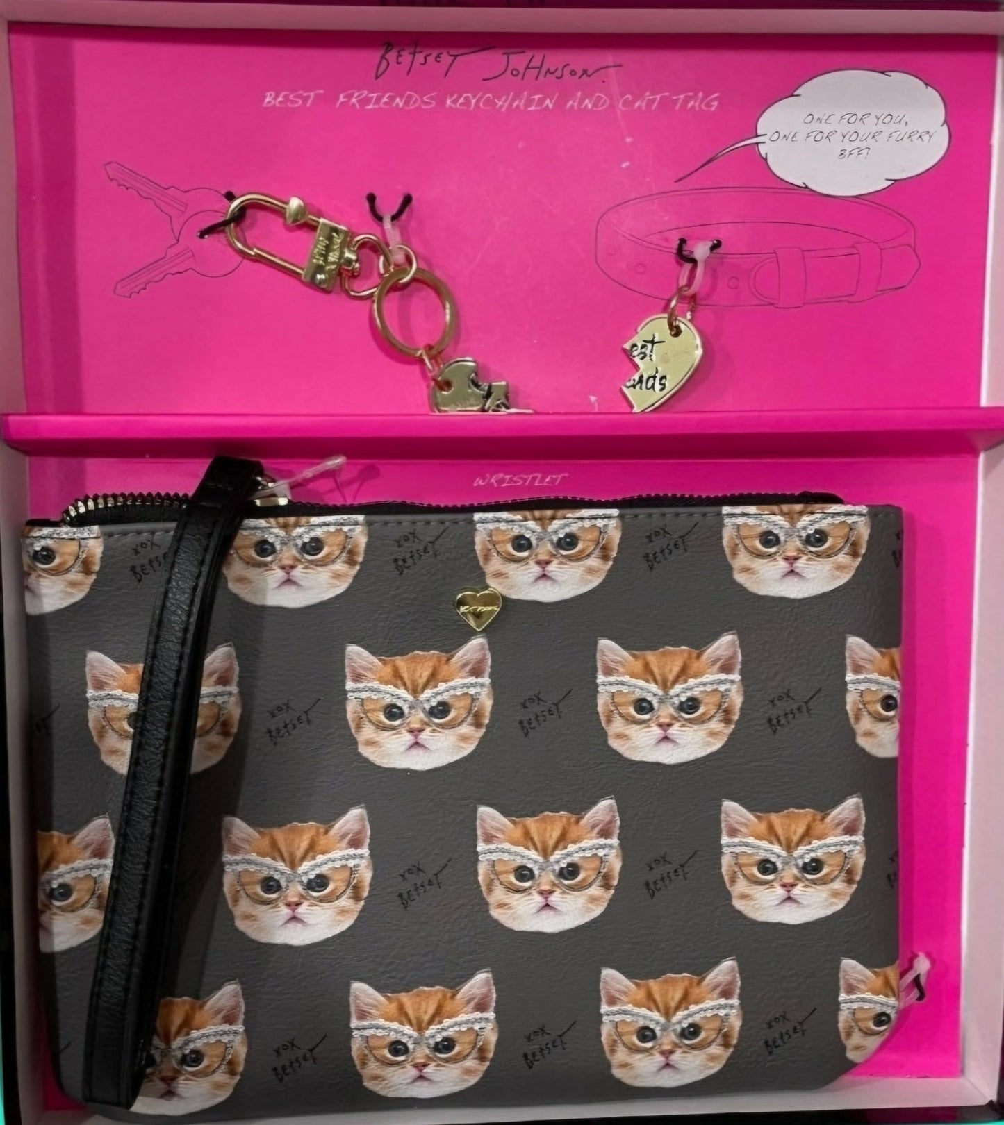 Betsey Johnson Wristlet Bag Cat Gray Collar Charm Keychain Matching Pet Set NWT